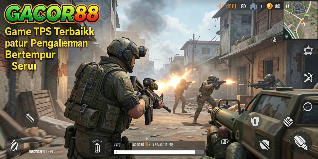 Screenshot gameplay GACOR88 menampilkan pertempuran intens dalam mode TPS.