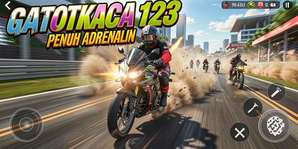 Gameplay GATOTKACA123 menampilkan balapan motor yang mendebarkan dan desain trek yang indah.