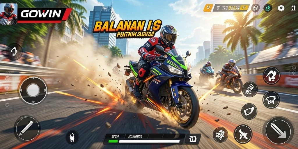 Screenshot gameplay GOWIN menunjukkan aksi balapan motor yang mendebarkan.