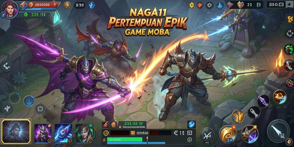 Tampilan seru gameplay NAGA11 dalam pertempuran MOBA.