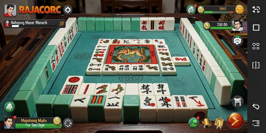Tampilan gameplay seru dalam RAJACORC dengan kepingan Mahjong berwarna-warni.
