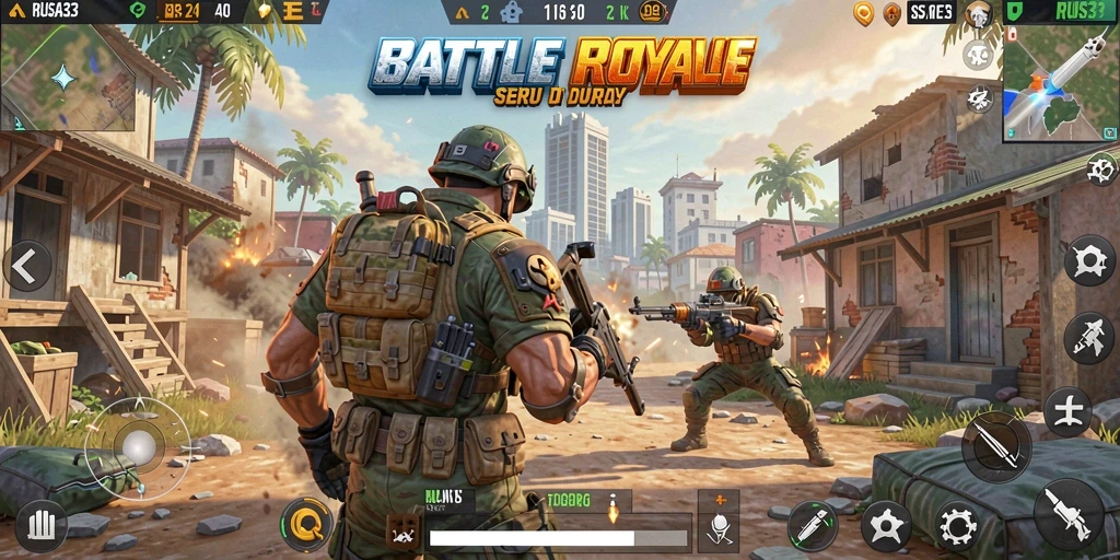Screenshot utama RUSA33 menampilkan pemain beraksi di medan perang Battle Royale.