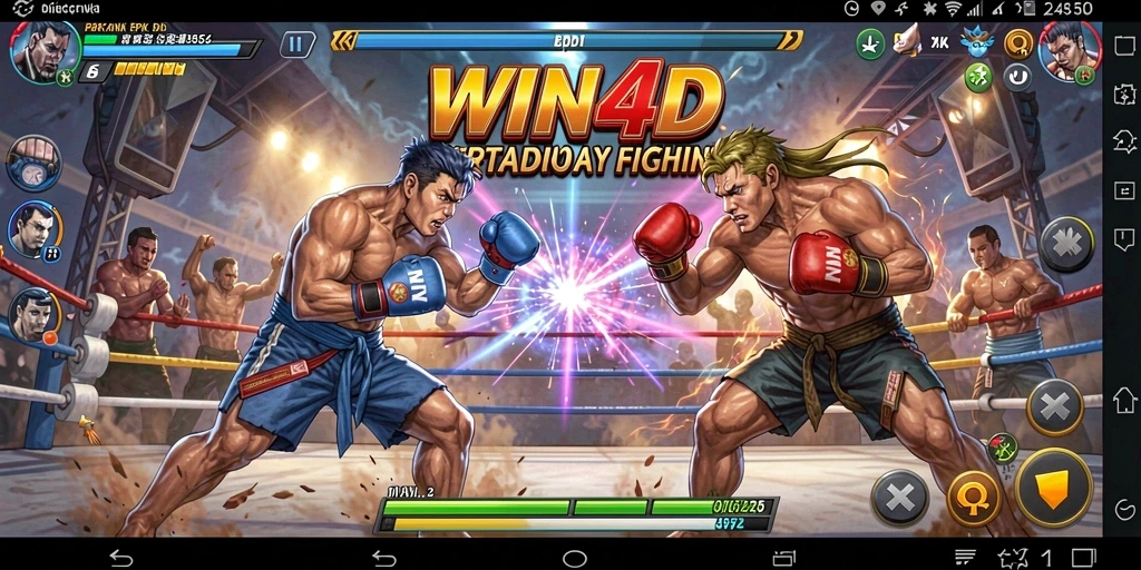 Screenshot WIN4D menampilkan pertarungan seru dan dinamis di arena.