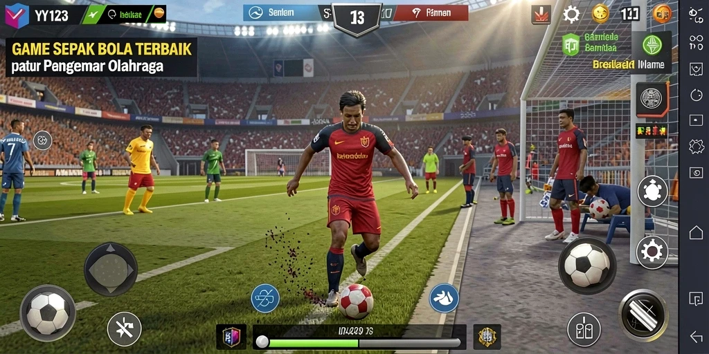 Tampilan screenshot gameplay YY123 memperlihatkan aksi seru di lapangan sepak bola.